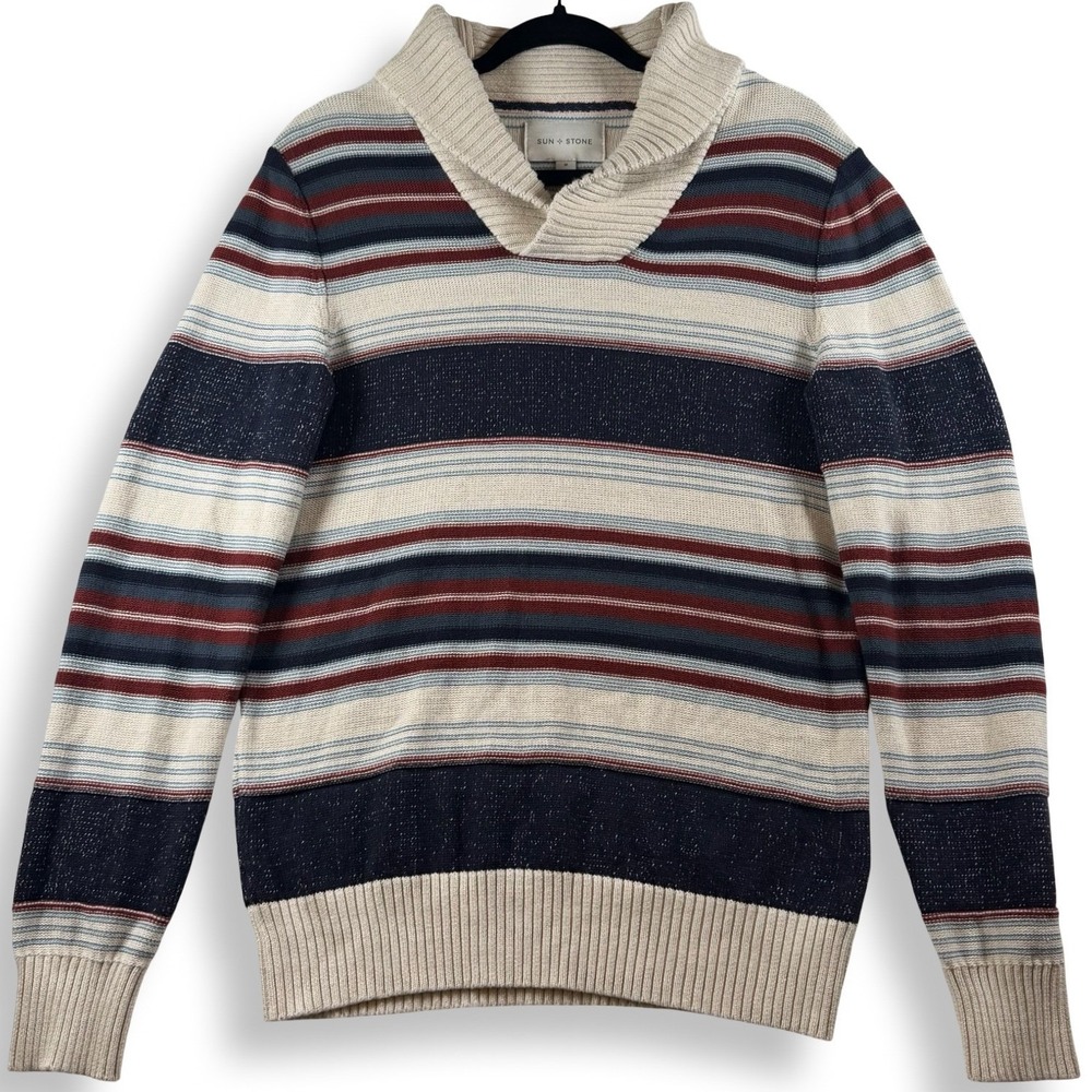 Sun + Stone Mens Striped Shawl Collar 100% Cotton Sweater Navy Burgundy Medium